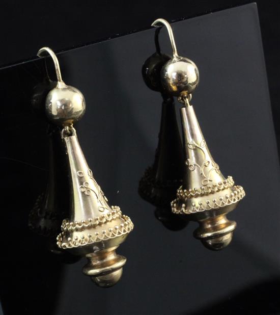 A pair of Victorian style gold drop earrings, overall 1.75in.